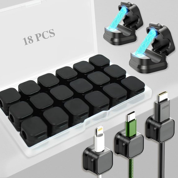 18 Pack Cord Organizer Holder,Magnetic Cable Clips Management,Easy Strong Adhesive Phone USB Charger Cord,Hide Or Organize Desk Cable for Kitchen,Office,Car,Nightstand(Black)