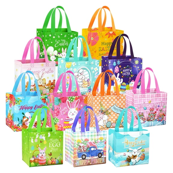24 Pack Easter Egg Hunt Bags with Handles - 8.3×7.9×6 Inch Large Bunny Chick Themed Baskets, 12 Unique Patterns for Kids Adults Easter Party Favors and Holiday Decorations