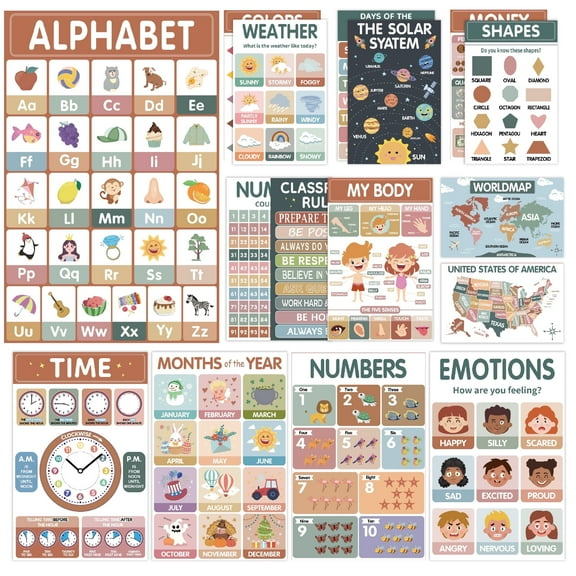 18 Pack Educational Posters for Kids 11" x 16.5", Preschool & Kindergarten Learning Charts for Classroom Decor, Alphabet Numbers Colors Shapes Emotions Time Maps, Reusable Waterproof Wall Set