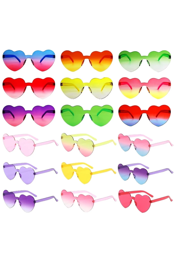 18 Pack Heart Shaped Rimless Sunglasses, Colorful Novelty Fun Heart Glasses Bulk Party Favor Tinted Heart Sunglasses for Women Men Wedding Beach Birthday Carnival