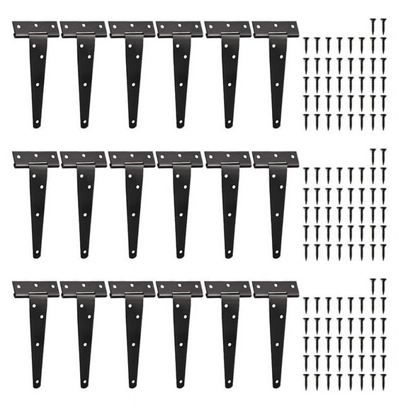 18 Pack Heavy Duty Tee Hinge, 150mm 6 Inch T Hinge Metal Strap Tee Hinge with Screws for Shed Doors,,18 x T-shaped hinges 126 x screws,Black