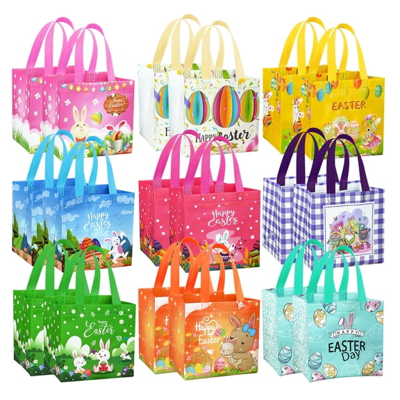 18 Pack Large Easter Egg Hunt Bags with Handles (8.3×7.9×6 Inch) - Bunny & Chick Patterns Easter Baskets for Kids Adults, 9 Unique Designs | Holiday Party Supplies