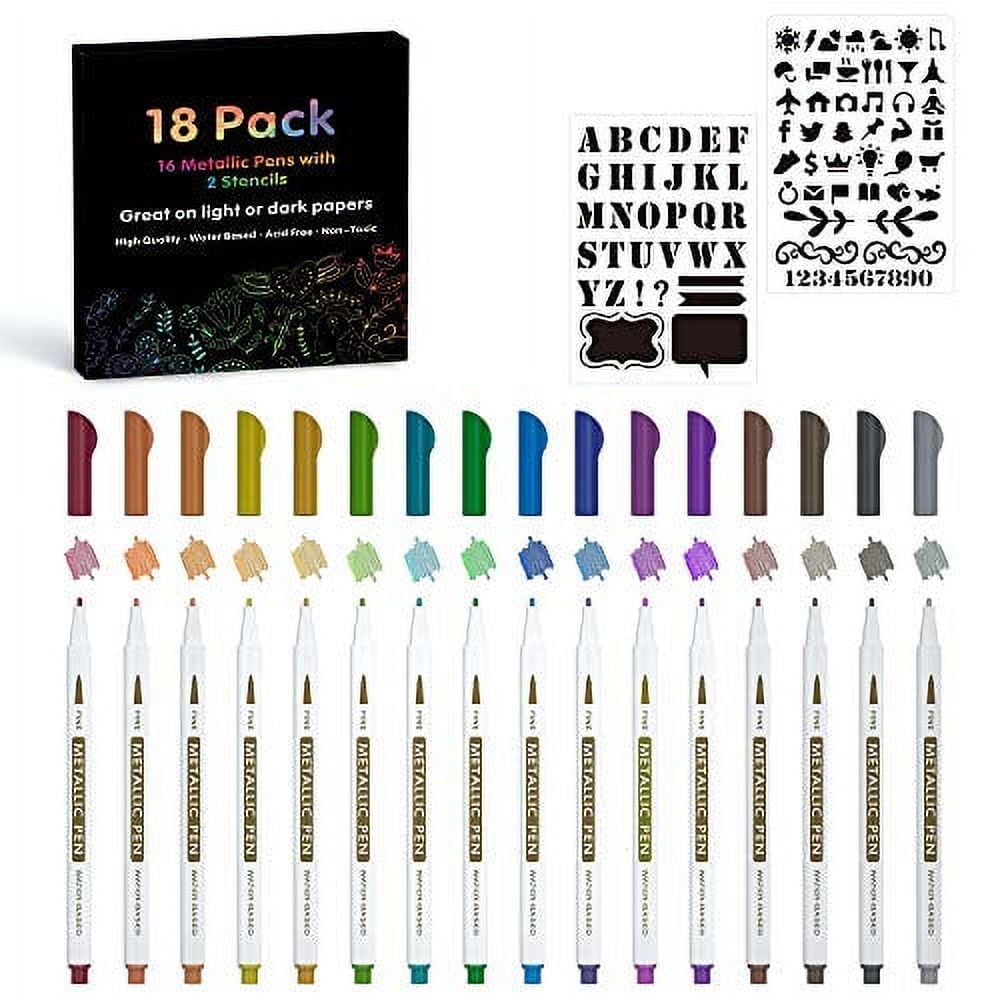 18 Pack Metallic Marker Pens, Lineon 16 Colors Fine Tip Paint Pens with 2 Stencils for DIY Craft Photo Album Rock Art Painting Card Making Glass Wood