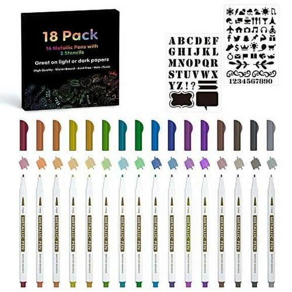 18 Pack Metallic Marker Pens, Lineon 16 Colors Fine Tip Paint Pens with 2 Stencils for DIY Craft Photo Album Rock Art Painting Card Making Glass Wood
