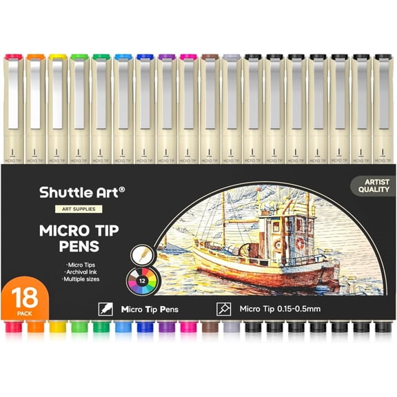 18-Pack Micro-line Pens - 11 Waterproof Archival Ink Colors in 0.M Felt Tip & 7 Blacks 0.15-0.5MM For Journaling, Illustrating Drawing