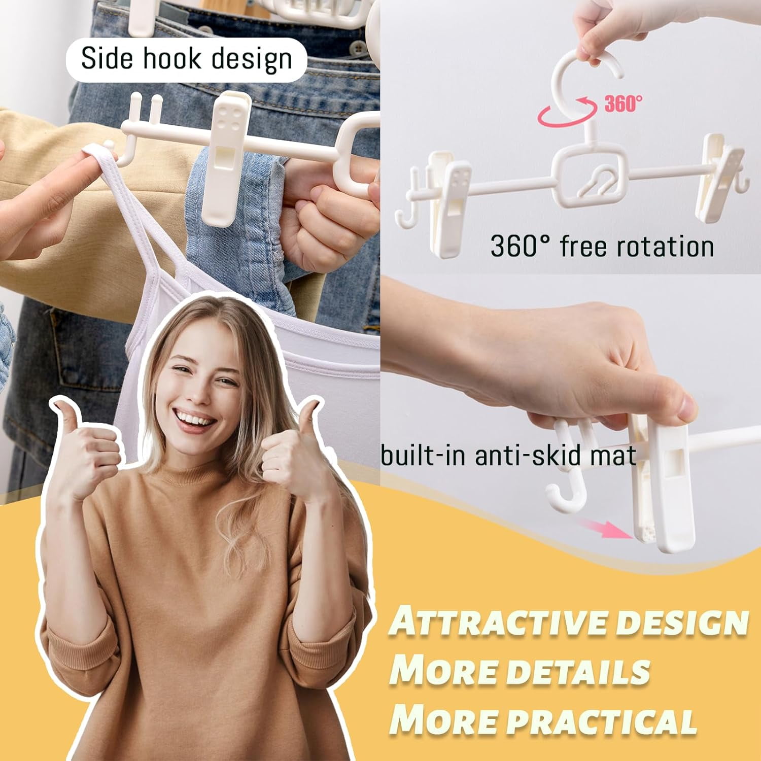 18 Pack Pants Hangers with Clips-Stackable White Plastic Trouser Skirt Hangers, 360 °   Swivel Hook, Adjustable Non-Slip Clips, Space Saving Closet Organizers for Jeans, Baby Clothes, Drying