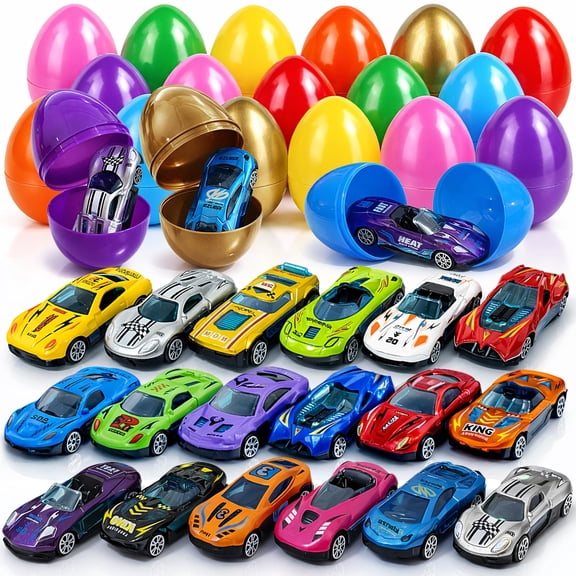 18 Pack Prefilled Easter Eggs, Cars Easter Eggs Filled for Kids Hunt Supplies, Racing Cars EasterEgg Basket Fillers Party Favor VT4