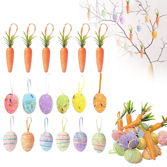 18-Pack Premium Vibrant Easter Ornaments Set - 12 Glitter Eggs & 6 Artificial Mini Carrots for Tree Hanging Decorations, Easter Basket Party Favors Supplies (E)