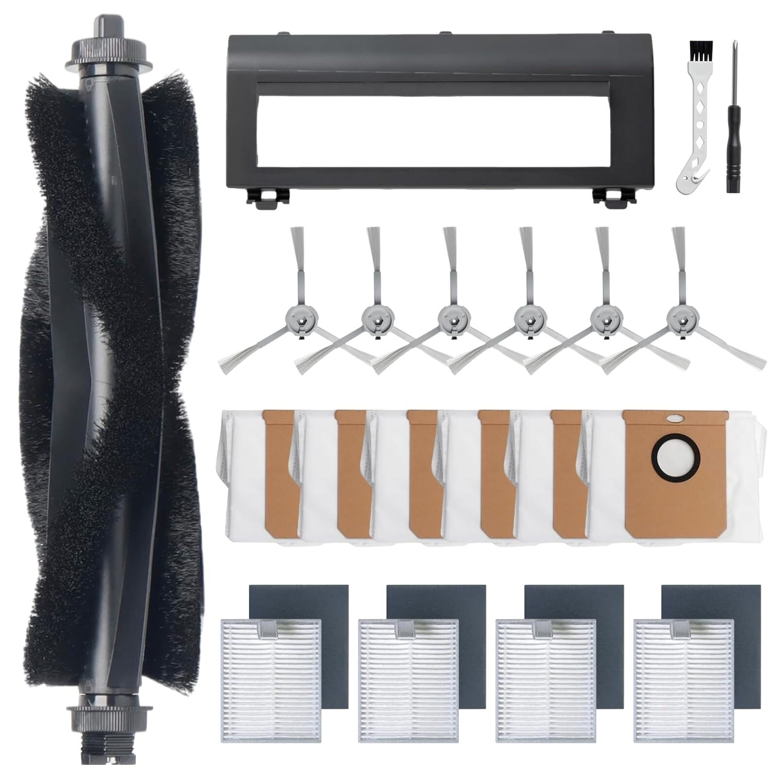 18 Pack Replacement Parts for eufy L50, L60 Robot Vacuum Series Robot Vacuums Accessories Kit, 1 Roller Brush, 4 Pack Filters and Sponges, 6 Side Brushes, 6 Duct Bags and 1 Rollin Brush Guard