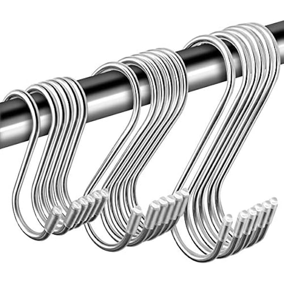 18 Pack S Shaped Hangers, Heavy Duty Stainless Steel Hanging Hooks for Pots, Pans, Towels, Clothes, Plants - Home, Kitchen, Bathroom, Bedroom, Garden (2.8", 3.5", 4.3", Each 6 Pack)