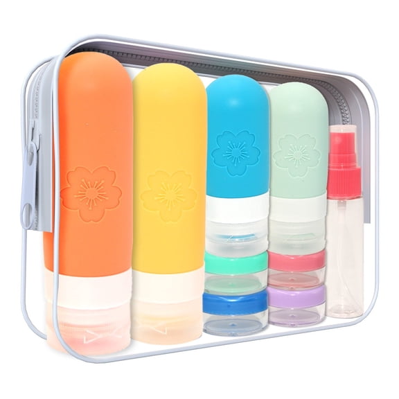 18 Pack Silicone Plastic Travel Size Toiletries Containers Kit, Multicolor Refillable Empty Bottles for Shampoo Conditioner Lotion Body Wash