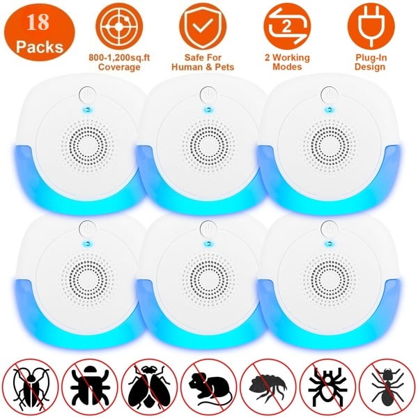 18 Pack Upgraded Ultrasonic Pest Repeller, Plug-in Insect Rodent Repellent with Dual Working Modes, 800-1200 Sq.ft Coverage, Safe for Human & Pets, for Mouse Roach Spider Mosquito Ant