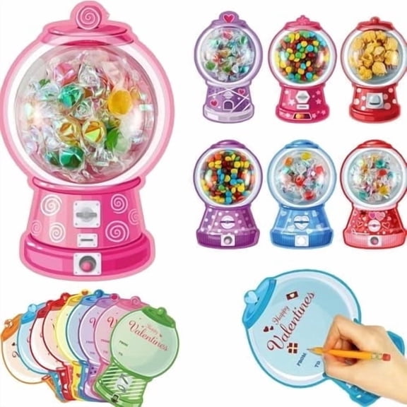 18 Pack Valentine Candy Cards, Adorable Bubble Gum Machine Design, Diy Craft With Plastic Domes Valentines Greeting Cards, For Parties Craft Projects (18pcs)