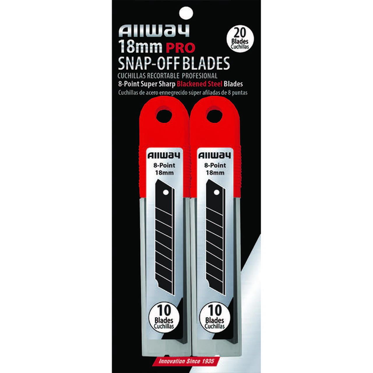 18-Pack of 18mm Allway SB18-20B Red/Black B-Series Carded, Premium Blackened Steel 8-Point Snap Blade with Safety Holder Dispenser, 20 Blade Pack