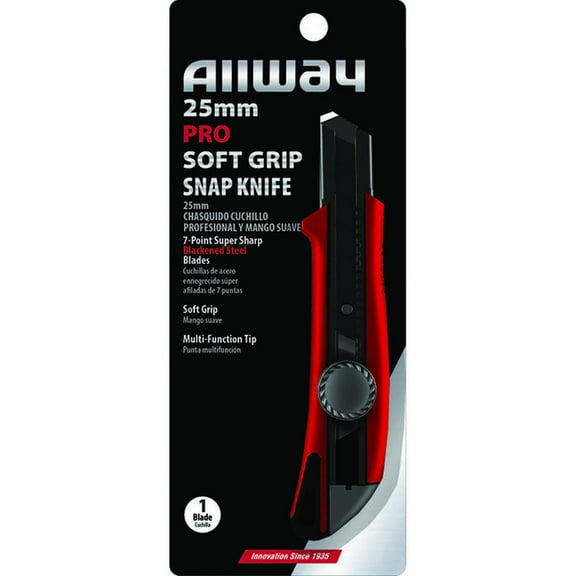 18-Pack of 25mm Allway SK25B Red/Black K-Series Carded, Heavy Duty Pro Soft Grip Wheel Lock Snap Knife with 1 Premium 7-Point Blackened Steel Blade
