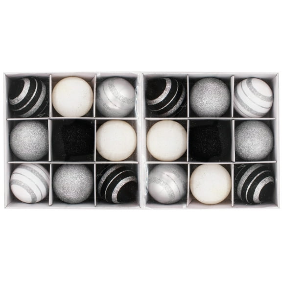 18 Pack of Black, White, and Silver Ball Ornaments with Silver Glitter Enhancement