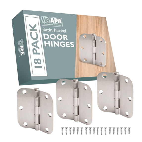 Ilyapa 18 Pack Brushed Nickel Hinges for Doors, 3.5 x 3.5 Inch Interior Satin Nickel Hinges Hardware, for Front Door, 5/8 Inch Radius Corners