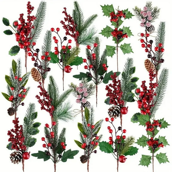 18 Packs Faux Christmas Nails-Various red berry spike stems, real pine needles pine cones and holly leaves for creating amazing festive decorations and wreaths