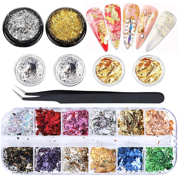 18 Packs Foil Nail Paillette Chip, Kalolary Foil Nail Flakes Sequins Foil Nail Chip Glitter Nail Art Design Decoration With Pick Up Tweezer