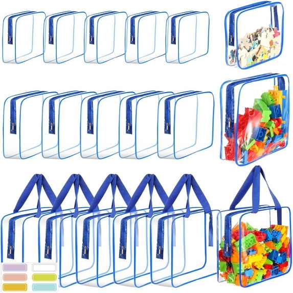 18 Packs Large Toy Storage Bags with Labels, Clear PVC Bags Travel Waterproof Kids Toy Organizer Bags with Zipper for Building Blocks Puzzle Kids Books (Blue)