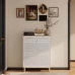 [18-Pair & Anti-Tip] Narrow Shoe Cabinet with 2 Flip-Up Doors & 2 Drawers - Solid Wood Legs Entryway Organizer for Hallway/Closet