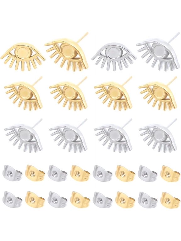 18 Pairs 2 Colors 304 Stainless Steel Eye Stud Earring Finding Earring Settings with Round Tray Golden Stainless Steel Color 8.5x13mm