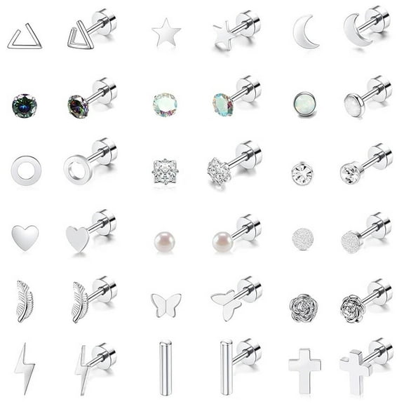 18 Pairs Adults Stainless Steel Stud Earrings Set for Women Men 20G Adult Cartilage Earrings Hypoallergenic Flatback Earrings Piercing Jewelry(Silver)