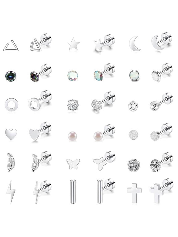 18 Pairs Adults Stainless Steel Stud Earrings Set for Women Men 20G Adult Cartilage Earrings Hypoallergenic Flatback Earrings Piercing Jewelry(Silver)