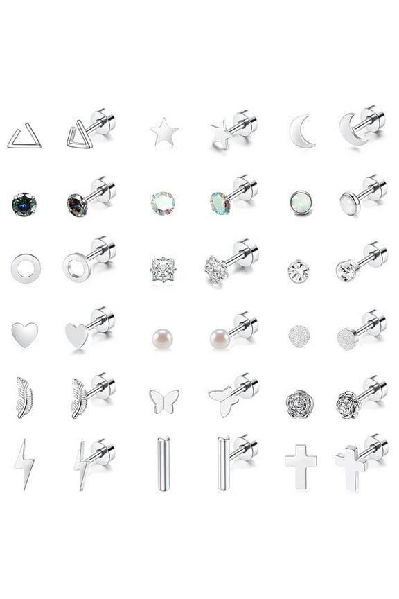 18 Pairs Adults Stainless Steel Stud Earrings Set for Women Men 20G Adult Cartilage Earrings Hypoallergenic Flatback Earrings Piercing Jewelry(Silver)