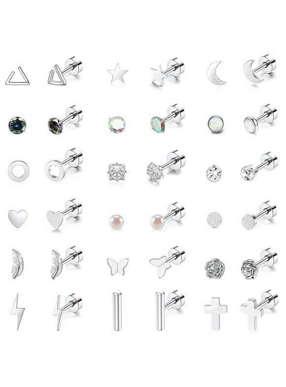 18 Pairs Adults Stainless Steel Stud Earrings Set for Women Men 20G Adult Cartilage Earrings Hypoallergenic Flatback Earrings Piercing Jewelry(Silver)