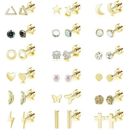 18 Pairs Adults Stainless Steel Stud Earrings Set for Women Men 20G Cartilage Earrings Hypoallergenic Flatback Earrings Piercing Jewelry(Gold)
