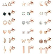 18 Pairs Adults Stainless Steel Stud Earrings Set for Women Men 20G Cartilage Earrings Hypoallergenic Flatback Earrings Piercing Jewelry(Rose Gold)