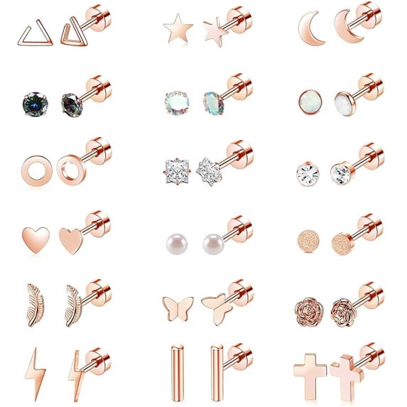 18 Pairs Adults Stainless Steel Stud Earrings Set for Women Men 20G Cartilage Earrings Hypoallergenic Flatback Earrings Piercing Jewelry(Rose Gold)