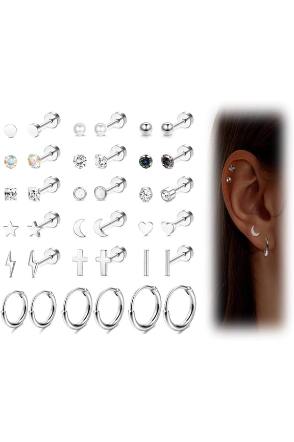 18 Pairs Flat Best Back Earrings Tiny Cartilage Lobe Stud Earrings Set for Women Men 316L Stainless Steel 20G Cartilage Helix Studs Earrings Moon Star Heart CZ Geometric Piercing Jewelry[t066]