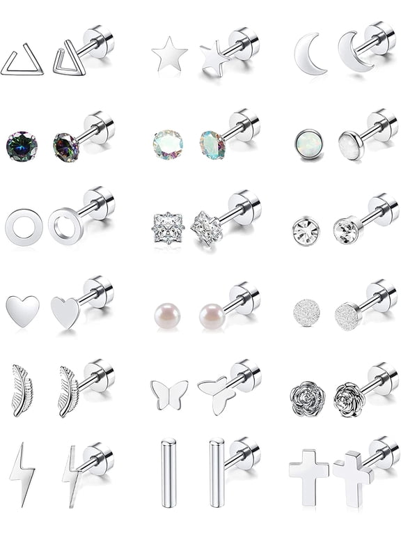 18 Pairs Stainless Steel Stud Earrings, Hypoallergenic Flatback Earrings Piercing Jewelry for Women Men