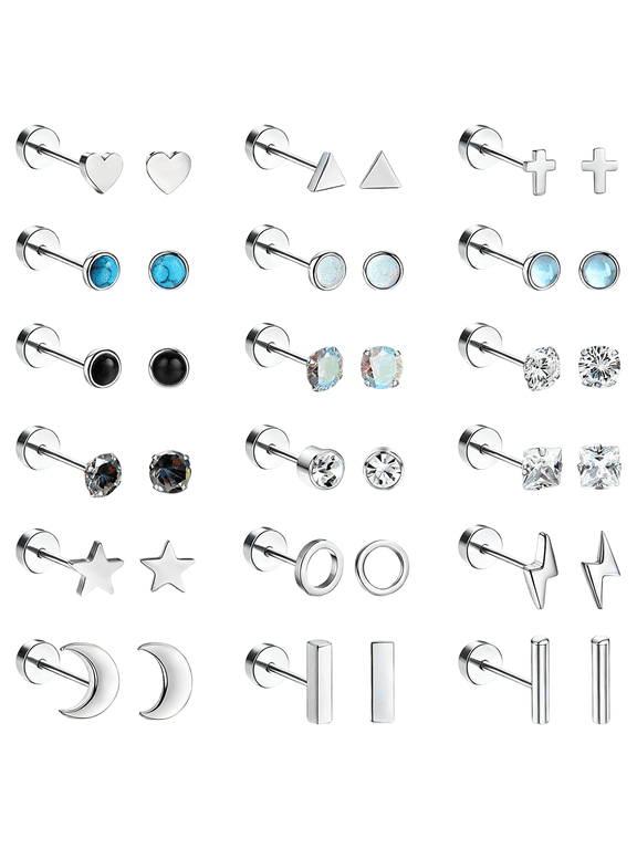 18 Pairs Stainless Steel Stud Earrings Set, Flatback Earrings, 20G Flatback Earrings, Multiple Geometric Shapes, Cubic Zirconia Inlaid, Comfortable for Sleeping