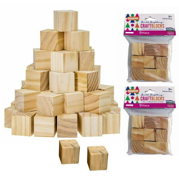 18 Pc Natural Wooden Craft Blocks Unfinished Hardwood Square Wood 1.25" Cubes