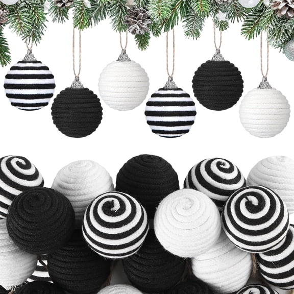 18 Pcs 1.57 Inch Mini Christmas Black White Ball Ornaments Farmhouse Jute Rope Hanging Balls Burlap Neutral Rustic Ornaments for Xmas Tree Holiday Wreath Garland Wedding Home