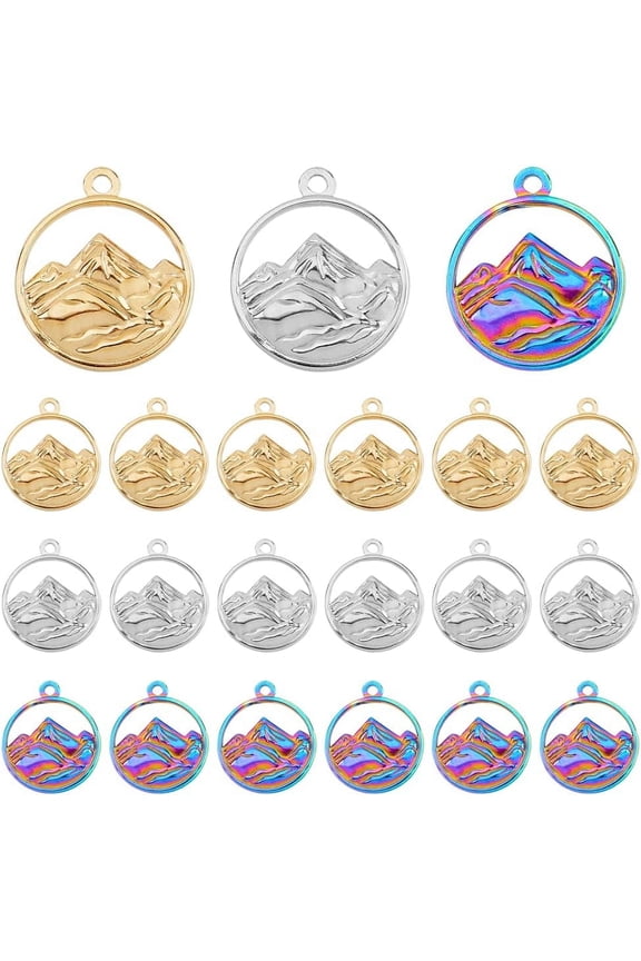 18 Pcs 3 Colors Flat Round Mountain Charms Stainless Steel 3D Mountain Peak Pendants for Jewelry Making Hole: 1.8mm 1 Box