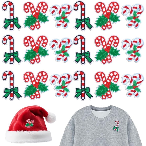 18 Pcs 3 Styles Christmas Embroider Thread Iron on Sew On Patches Candy Cane Embroidered Applique