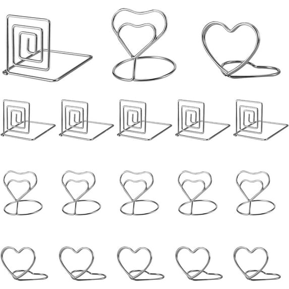 18 Pcs 3 Styles Place Card Holders Wire Table Number Holder Mini Heart Square Photo Holder for Memo Note Name Sign Wedding Party Birthday Platinum