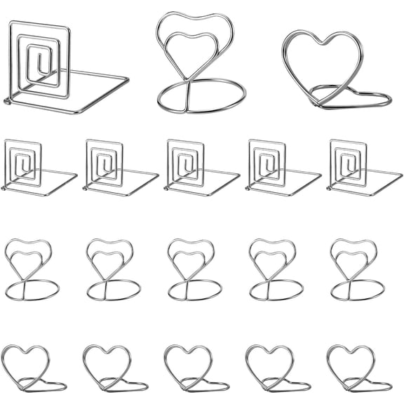 18 Pcs 3 Styles Place Card Holders Wire Table Number Holder Mini Heart Square Photo Holder for Memo Note Name Sign Wedding Party Birthday Platinum