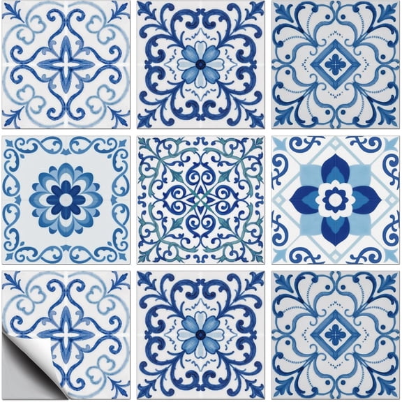 18 Pcs 6 Style Tile Stickers Light Floral Patterns Peel and Stick Wall Stickers Moroccan Style Waterproof Self Adhesive Stick on Tiles Decals for DIY Kitchen Bathroom Wall Art Decor 66 Inch