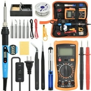 18 Pcs 80W Soldering Iron Kit, Adjustable Temperature Digital Display Repair Soldering Tool with Multimeter & 5 Soldering Iron Tips, Automotive Electrical Welding Iron Tool, Blue with ON-OFF Switch