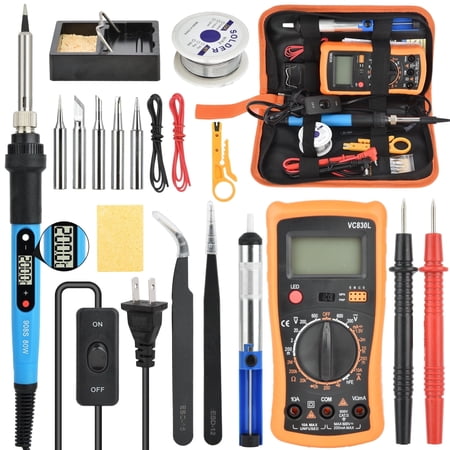 18 Pcs 80W Soldering Iron Kit, Adjustable Temperature Digital Display Repair Soldering Tool with Multimeter & 5 Soldering Iron Tips, Automotive Electrical Welding Iron Tool, Blue with ON-OFF Switch