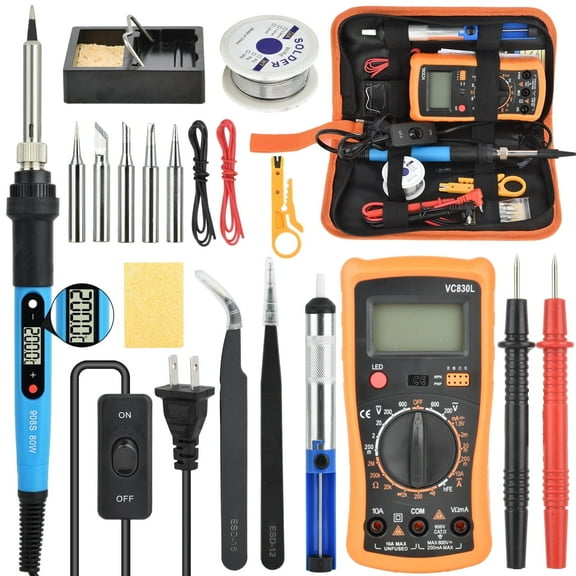 18 Pcs 80W Soldering Iron Kit, Adjustable Temperature Digital Display Repair Soldering Tool with Multimeter & 5 Soldering Iron Tips, Automotive Electrical Welding Iron Tool, Blue with ON-OFF Switch