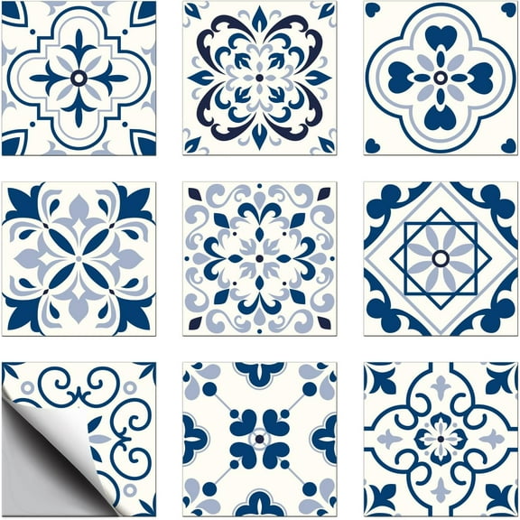 18 Pcs 9 Style Tile Stickers Blue and White Porcelain Style Peel and Stick Wall Tile Stickers Spanish Style Waterproof Self Adhesive Stick on Tile Decals for Kitchen Bathroom 66 Inch