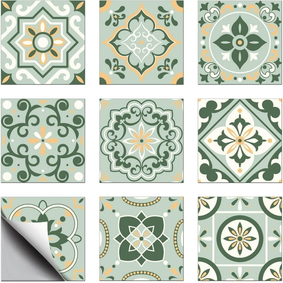 18 Pcs 9 Style Tile Stickers Green Style Peel and Stick Wall Tile Stickers Geometric Shapes Waterproof Self Adhesive Stick on Tile Decals for Kitchen Bathroom 6×6 Inch