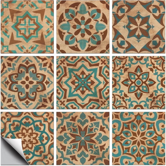 18 Pcs 9 Style Tile Stickers Retro Brown Patterns Peel and Stick Wall Stickers Geometric Patterns Waterproof Self Adhesive Stick on Tiles Decals