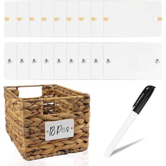 18 Pcs Acrylic Basket Labels, Storage Tags with Chalk Marker Removable Label for Wire, Wicker, Woven Baskets & Pantry Storage (Rectangle, White)